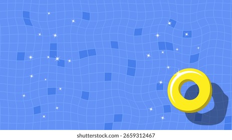 top view of summer swimming pool background with inflatable swimming ring. Vector illustration featuring water texture for banners, cards, flyers and social media.