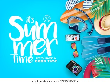 Top View Summer Time Realistic Vector Banner in Blue Background and Tropical Elements Like Scuba Diving Equipment, Surf Board, Slippers, Digital Camera, Mobile Phone, Hat, Palm Leaves and Sunglasses. 