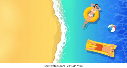 In: Top View Summer Tropical Banner. Junge Frauen und Männer schwimmen im Meer oder Ozean. Sommerurlaub und Urlaub im Resort Konzept. Vektor-Illustration im flachen Stil