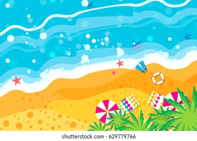 Top view Summer vacation. Beach rest. Time to travel. Sea, waves, sand and umbrella, palm. Vector design background and objects illustrations