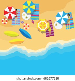 top view of summer vacation with beach items and wave. vector illustration