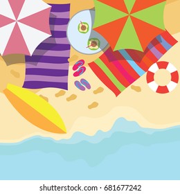 top view of summer vacation with beach items and wave. vector illustration