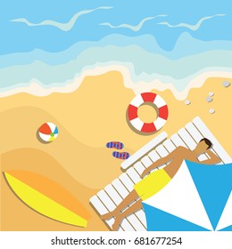 top view of summer vacation with beach items and wave. vector illustration