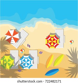 top view of summer vacation with beach items and wave. vector illustration