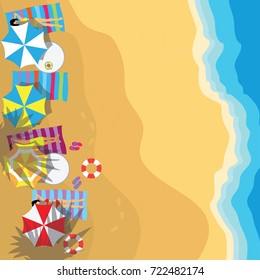 top view of summer vacation with beach items and wave. vector illustration