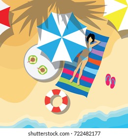 top view of summer vacation with beach items and wave. vector illustration