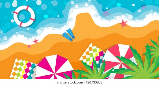 Top view Summer vacation. Time to travel. Beach rest. Sea, waves, sand and umbrella, palm. Vector design background and objects illustrations