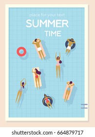 Top View, Summertime, Holidays Poster. People Swimming, Relax, Have A Fun Time In The Pool. Vector Cartoon Illustration. Summer Time Poster. Flat Design, Trendy Style. Young Men And Women