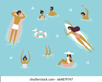 Vista superior, verano, afiche de vacaciones. Gente nadando, relájese, pase un buen rato. Surf, vacaciones. Dibujo de dibujos animados. Afiche de la hora de verano. Diseño plano, estilo moderno. Hombres y mujeres jóvenes