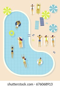 Top view, summertime, holidays poster. People swimming, sunbathe, relax, have a fun time in the pool. Vector cartoon illustration. Summer time poster. Flat design, trendy style. Young men and women