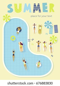 Top view, summertime, holidays poster. People swimming, relax, have a fun time in the pool. Vector cartoon illustration. Summer time poster. Flat design, trendy style. Young men and women. Pool party