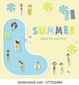 Top-Ansicht, Sommerzeit, Urlaubsposter. Die Leute schwimmen, entspannen, vergnügen sich im Pool. Vektorgrafik-Illustration. Sommerzeit-Poster. Flaches Design. Quadratisches Format. Junge Männer und Frauen. Pool-Party