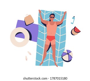 Top view sunbathing man with bad tanning, lying on beach blanket in swimsuit. Guy rest by sea, relax, chill, suntan. Summer vacation. Flat vector cartoon illustration isolated on white background