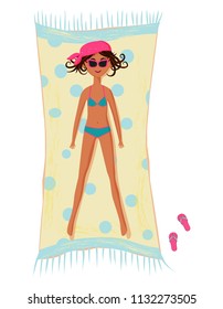 Top view sunbathing woman lying on beach sand. 