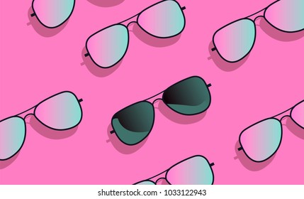 Top view of sunglasses on acid pink background. Vaporwave style vector illustration.