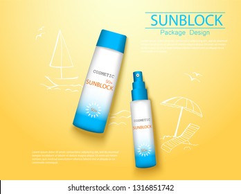 top view sunplock sun protection cream and spray realistic ads 3d cosmetic package with hand draw doodle element.