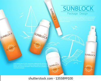 top view sunplock sun protection cream and spray realistic ads 3d cosmetic package with hand draw doodle element.