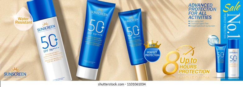 Top view of sunscreen set on sand beach in 3d illustration, summer advertising