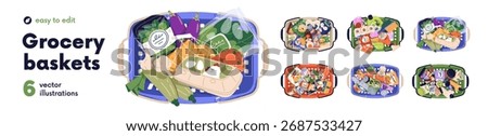 Top view of supermarket baskets full of products, groceries set. Consumer shopping containers with purchases, food, cosmetic and household goods. Flat vector illustrations isolated on white background