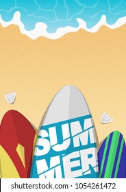 
Top view Surfboard on the beach with waves