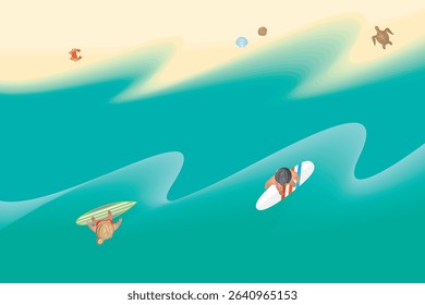 Top view of surfers on boards, sea, sandy beach, turtle, shells, crab. View from above. Beach, surfing, outdoor activities, summer camp. Aerial.