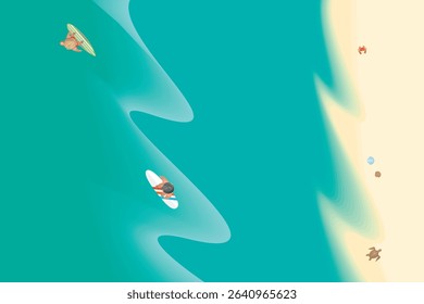 Top view of surfers on boards, sea, sandy beach, turtle, shells, crab. View from above. Beach, surfing, outdoor activities, summer camp. Aerial.

