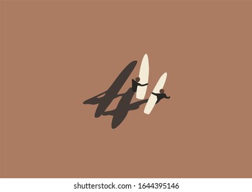 Top view of surfers, surfing, boards, sand, vector, illustration

