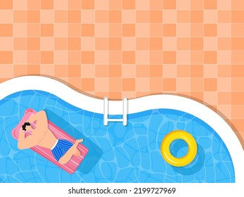 Top View Of Swimmer Man Lying Over Inflatable Bed On Swimming Pool And Orange Grid Pattern Background.