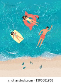 top view of a swimming family in the sea near the shore. Woman in a yellow bathing suit on the swimming circle coral flamingo. Man swims as a crawl. Girl sunbathes on a pineapple swim matress.