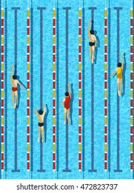 Top View Swimming Pool, Aquatic Race Water Basin With Several Athlete Swimmers Vector Illustration