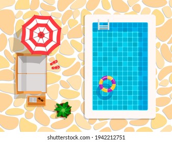Top view of swimming pool and beach furniture on background of stones. Cartoon flat style. Vector illustration
