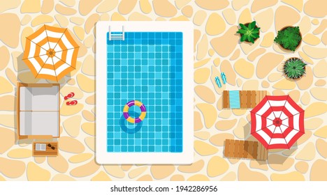 Top view of swimming pool and beach furniture on background of stones. Cartoon flat style. Vector illustration

