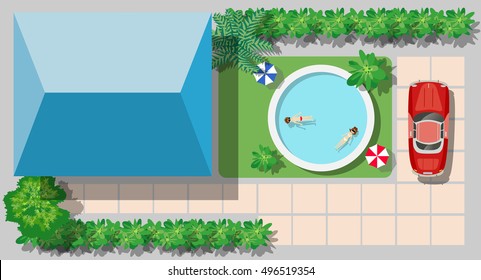 Top view of the swimming pool with beach umbrellas and vacationers people