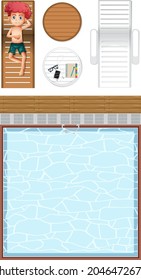 Draufsicht auf das Schwimmbad und Zeichentrickfilm eines Jungen