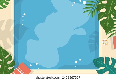 Top View of Swimming Pool Frame Background in Summer Holiday with Leaves and Copy Space