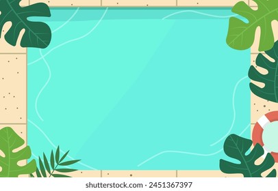 Top View of Swimming Pool Frame Background in Summer Holiday with Leaves and Copy Space