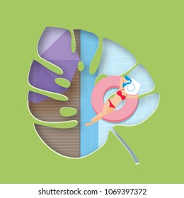  top view swimming pool with girl on tropical leaf . summer beach in paper art style.paper cut and candy color style.