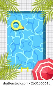 Top View of a Swimming Pool with Inflatable Toy and Tropical Elements