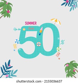 Top view swimming pool and leaf background, Pool party, Summer water activities, scene with activity tiny people, characters, umbrellas, balls, surfboard  and text summer sale up to 50%. Banner poster