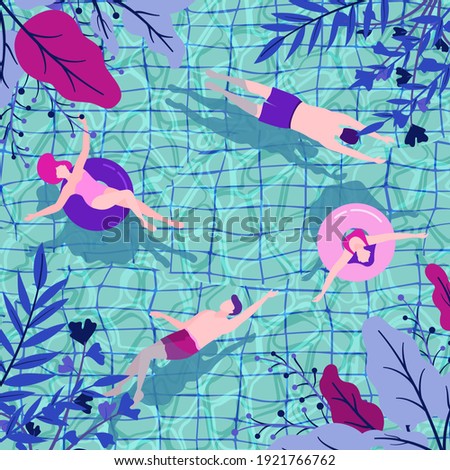 Top view of swimming pool. Men and women swimming, floating, relaxing and sunbathing on air mattresses and inflatable rings cartoon vector illustration
