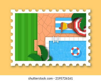 Top View Of Swimming Pool Near Man Lying Down At Sun Bed Against Yellow Background.