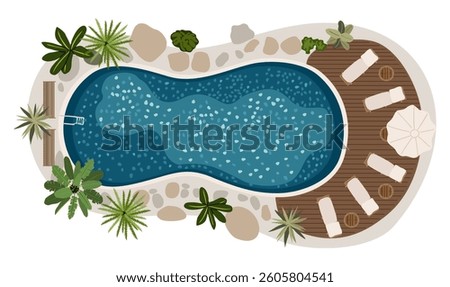 Top view of swimming pool with patio furniture, Sunbeds, tables, plants, umbrella. Terrace, pool, patio, garden, porch zone in tropical resort. Vector illustrations isolated on white background.