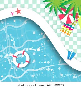 Top View Swimming pool. Rest time. Summer. Water beach vacation. Pool with clear water. Vector design illustration