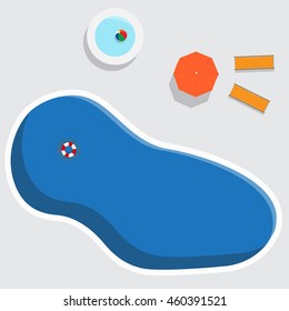 Top View Swimming pool. Rest time. Summer. Water beach vacation. Pool with clear water. Vector design illustration