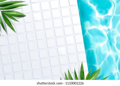 Top view of swimming pool scene with white tile and green palm leaves in 3d illustration