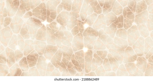 Top view swimming pool seamless pattern with sunlight glare reflect, shadows caustic ripples and tiled floor. Beige water surface texture. Bright vector summer time background.