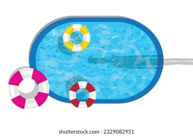 Draufsicht des Schwimmbeckens in Form von Ellipse mit verschiedenen Lebensgurten und Schatten eines Mannes
