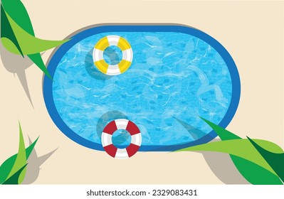 Top view of swimming pool of the shape of ellipse with life belts and a green leafs in three of the corners