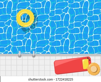 Top view of swimming pool with sunbathing bed at pool side