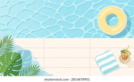 Top view swimming pool vector background with blue water ripple, yellow ring float, wooden deck, tropical palm leaves, towel, and iced drink.